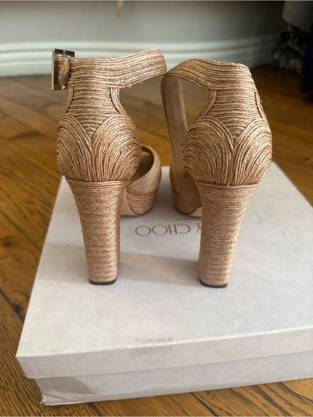 Jimmy Choo Tan Raffia Platform Heels with Ankle Strap